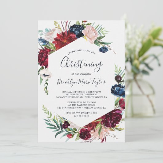 Herbstgarten | Burgundy Christening Einladung (Stehend Vorderseite)