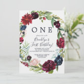 Herbstgarten | Burgundy Wreath Erster Geburtstag Einladung (Stehend Vorderseite)