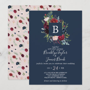 Herbstgarten   Navy Blue Monogram Wedding Einladung