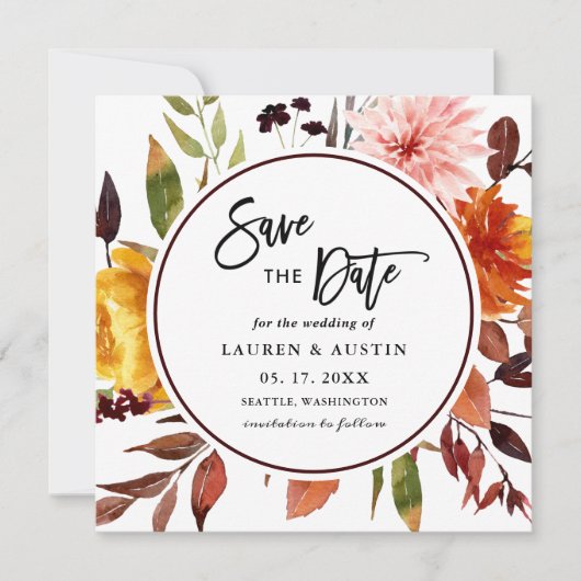 Herbstgarten Wasserfarben Hochzeitsplatz Gerettet Save The Date (Vorderseite)