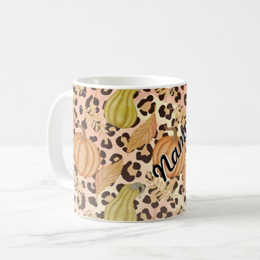 Herbstgedankendesign und Leopard-Druckmuster Kaffeetasse (Vorderseite Links)