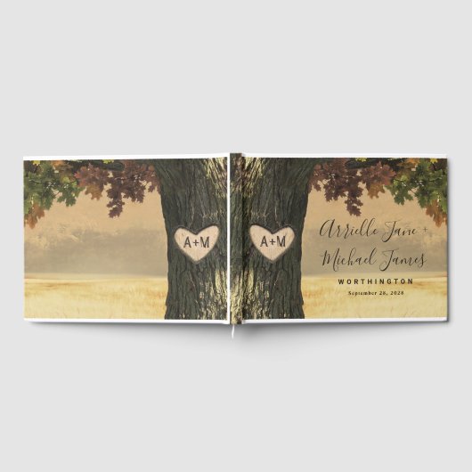 Herbstgemeißelte Eichenbäume Rustikale Waldhochzei Gästebuch (Voll)