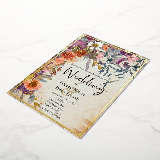 Herbstgemischtfarbene Hochzeit mit Blumen Folieneinladung (Gedreht)