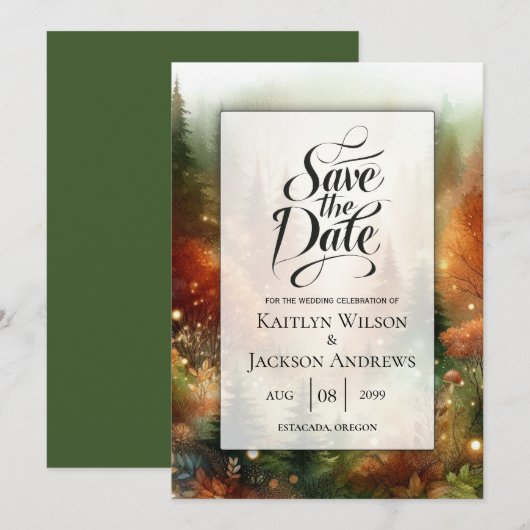 Herbstglühen bei der verzauberten Waldhochzeit Save The Date (Vorne/Hinten)