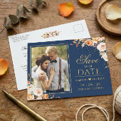 Herbstgoldflorales blaues Foto Save the Date Postkarte