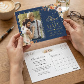 Herbstgoldflorales blaues Foto Save the Date Postkarte