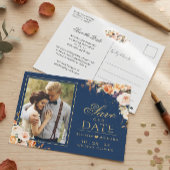 Herbstgoldflorales blaues Foto Save the Date Postkarte