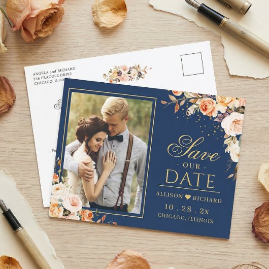 Herbstgoldflorales blaues Foto Save the Date Postkarte