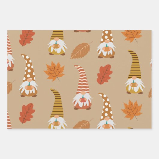 Herbstgome mit Herbstlauben auf Braun Geschenkpapier Set (Vorderseite)
