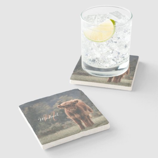 Herbstgras-Monogramm für Höllenkälber Steinuntersetzer (Seitenansicht)