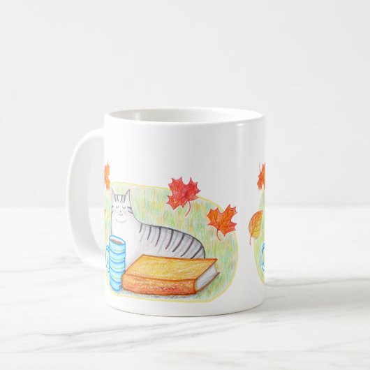 Herbstgraue Katze mit Buch und Kaffee Lover Kaffeetasse (Vorderseite Links)