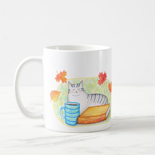 Herbstgraue Katze mit Buch und Kaffee Lover Kaffeetasse (Links)