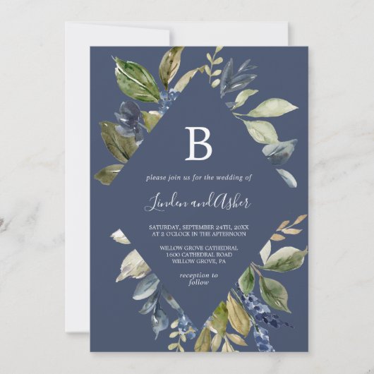 Herbstgrün | Navy Diamond Monogram Wedding Einladung (Vorderseite)