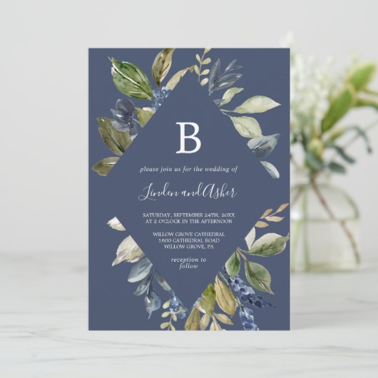 Herbstgrün | Navy Diamond Monogram Wedding Einladung (Stehend Vorderseite)
