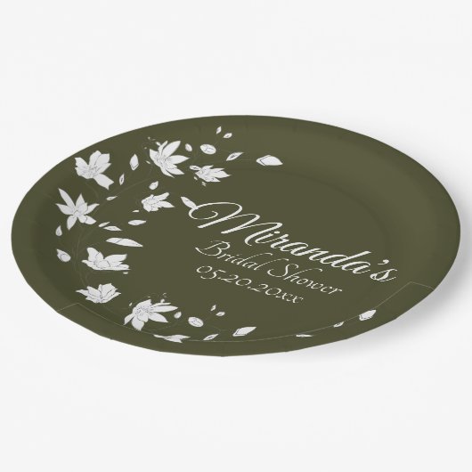 Herbstgrün-weißes Brautparty Pappteller (Schrägansicht)