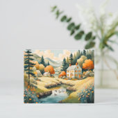 Herbsthaus am Teich mit Enten Postkarte (Stehend Vorderseite)