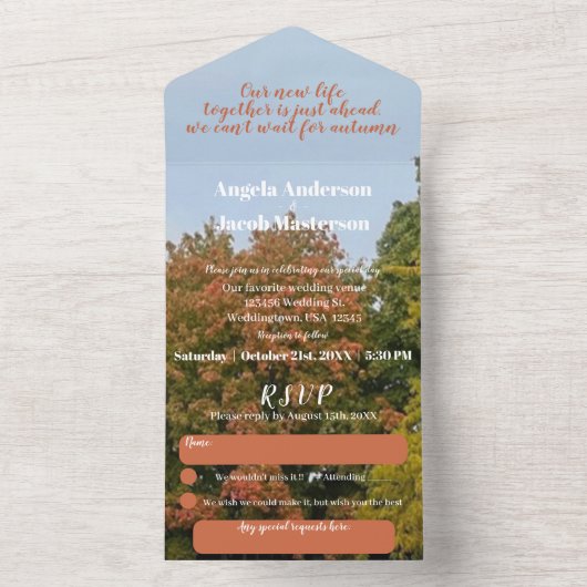 Herbsthochzeit Bäume Terrectta All In One Einladung (Innen Boden)