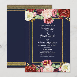 Herbsthochzeit Blau & Gold Chic Fette Florale Mars Einladung
