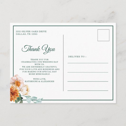 Herbsthochzeit Dank grüner Aquarellblume Postkarte (Rückseite)