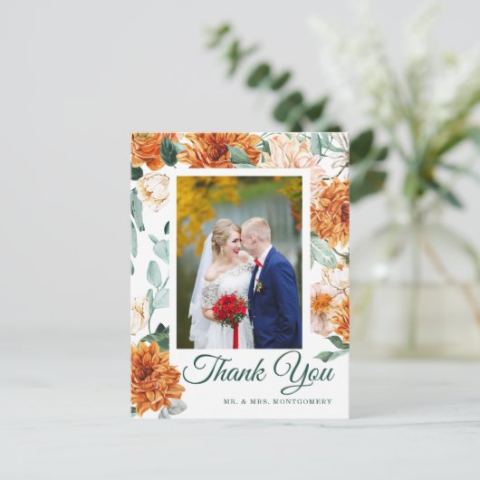 Herbsthochzeit Dank grüner Aquarellblume Postkarte (Stehend Vorderseite)