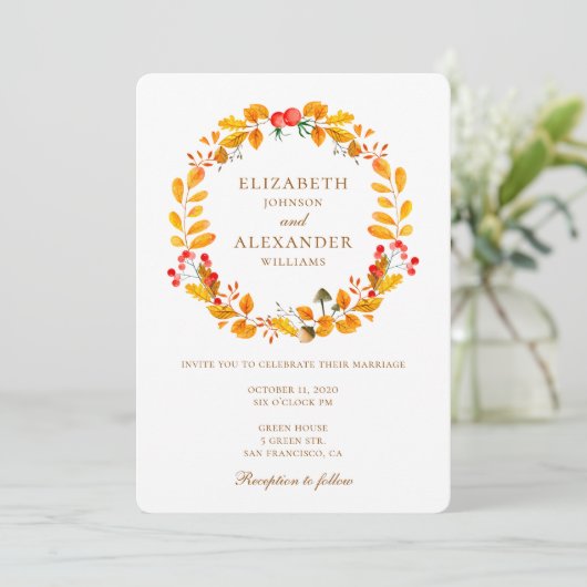 Herbsthochzeit. Herbsteinladung. Gelbkranz Einladung (Stehend Vorderseite)
