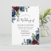 Herbsthochzeit in Burgund & Navy-Indizien-Blume Einladung (Stehend Vorderseite)