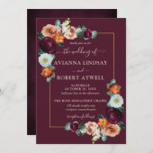 Herbsthochzeit in Burgund Rot-Orange Blush Einladung (Vorne/Hinten)