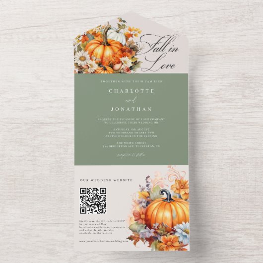 Herbsthochzeit in der Liebe Rustikaler Kürbiskürbi All In One Einladung (Innen Boden)