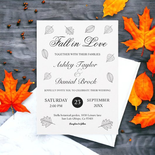 Herbsthochzeit in der Liebe Schwarz-Weiß-Blätter Einladung