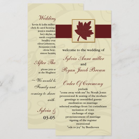 Herbsthochzeit mit Cranberry fallleaf Programm (Vorne/Hinten)