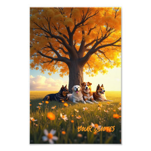 Herbsthunde ruhen unter großem Baum Fotodruck