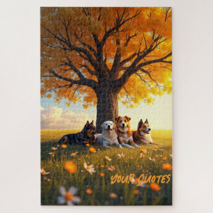 Herbsthunde ruhen unter großem Baum Puzzle