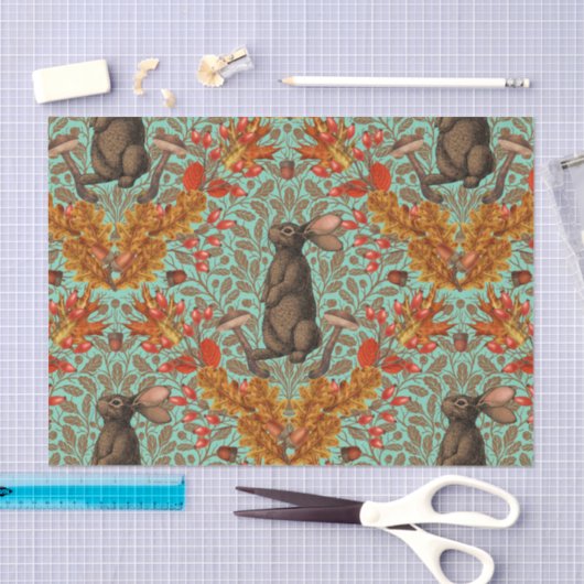 Herbstkaninchen auf hellgrün seidenpapier (Handwerk)