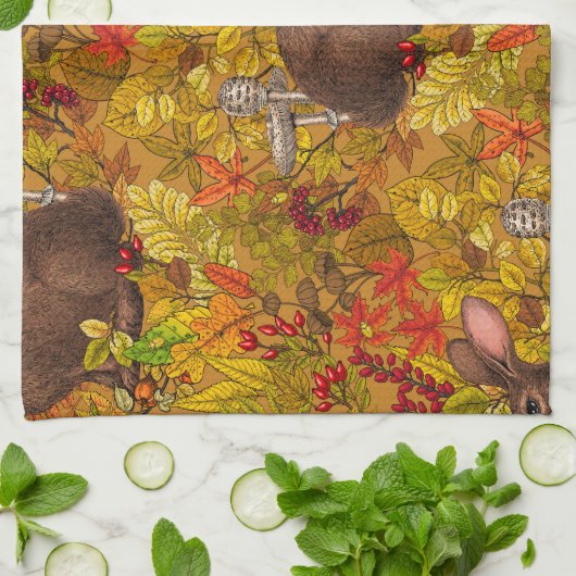 Herbstkaninchen auf Ocker Geschirrtuch (Gefaltet)