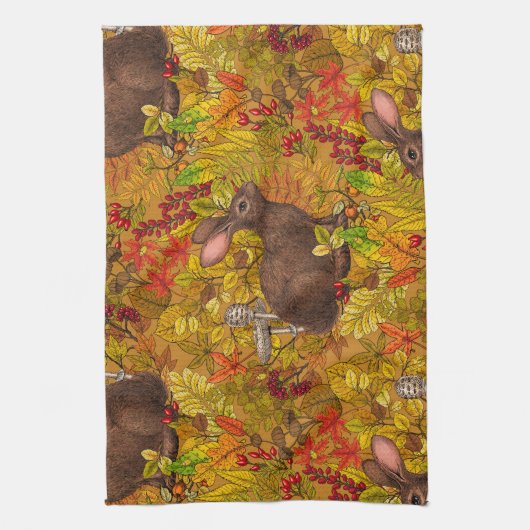 Herbstkaninchen auf Ocker Geschirrtuch (Vertikal)