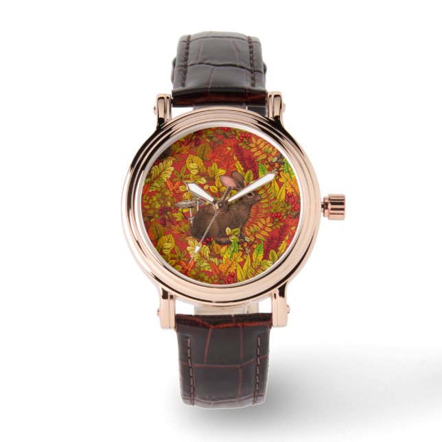 Herbstkaninchen auf rot armbanduhr (Vorderseite)