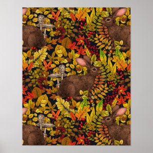 Herbstkaninchen auf schwarz poster