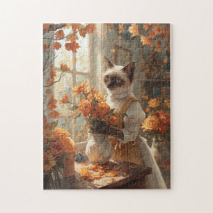 Herbstkatze mit Blume für den Erntedank Puzzle