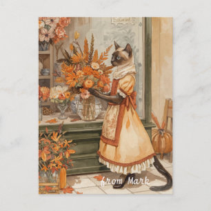 Herbstkatze mit Blume - Herbst Erntedank Feiertagspostkarte