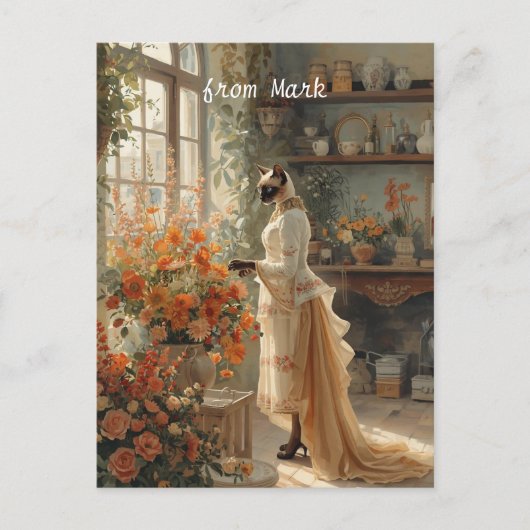 Herbstkatze mit Blume - Herbst Erntedank Feiertagspostkarte (Vorderseite)