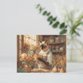 Herbstkatze mit Blume - Herbst Erntedank Feiertagspostkarte (Stehend Vorderseite)