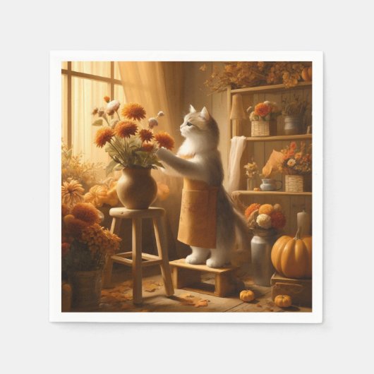 Herbstkatze mit Blume - Herbstsaison Erntedank Serviette (Vorderseite)