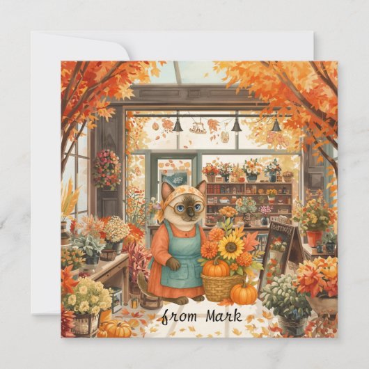 Herbstkatze mit Blume - Herbstsaison - Gruß Feiertagskarte (Vorderseite)