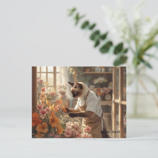 Herbstkatze mit Blume - Herbstsaison - Gruß Postkarte (Stehend Vorderseite)