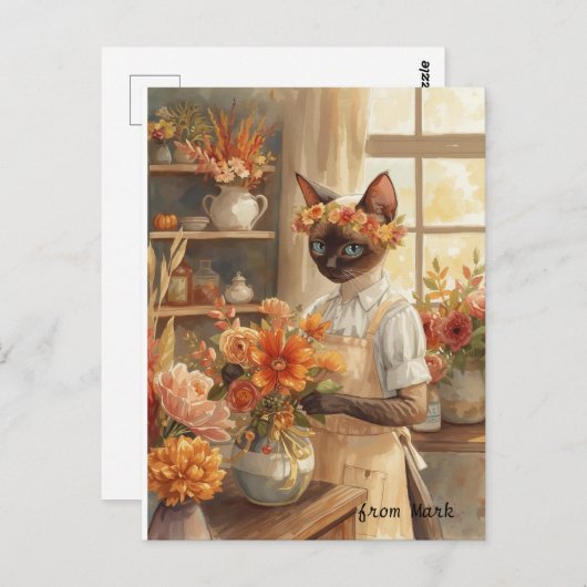 Herbstkatze mit Blume - Herbstsaison - Gruß Postkarte (Vorne/Hinten)