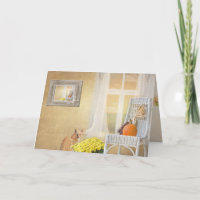 Herbstkatze mit dem Fenster-Denken an Sie