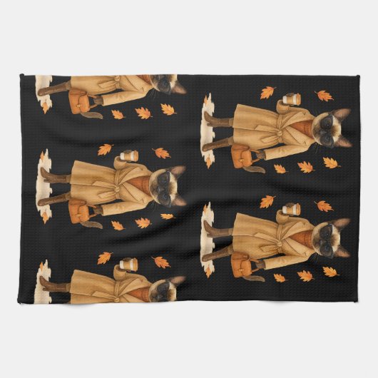 Herbstkatze mit Kaffee zum Erntedank Geschirrtuch (Horizontal)