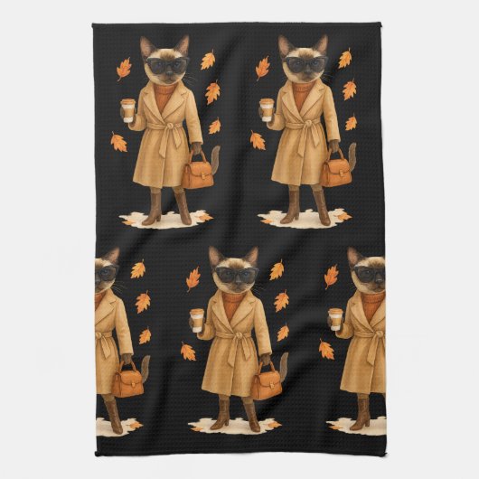 Herbstkatze mit Kaffee zum Erntedank Geschirrtuch (Vertikal)