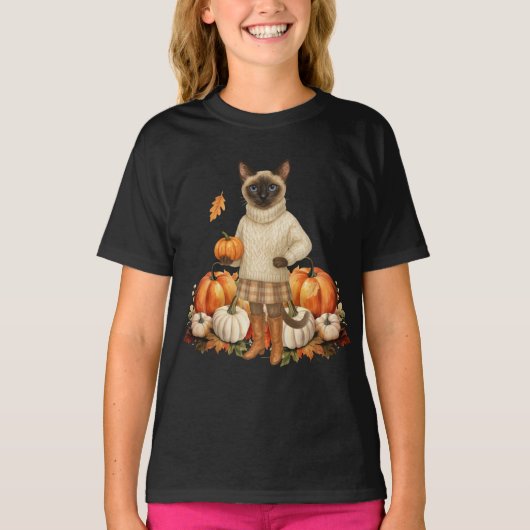 Herbstkatze mit Kürbis für Siamkatzen T-Shirt (Vorderseite)