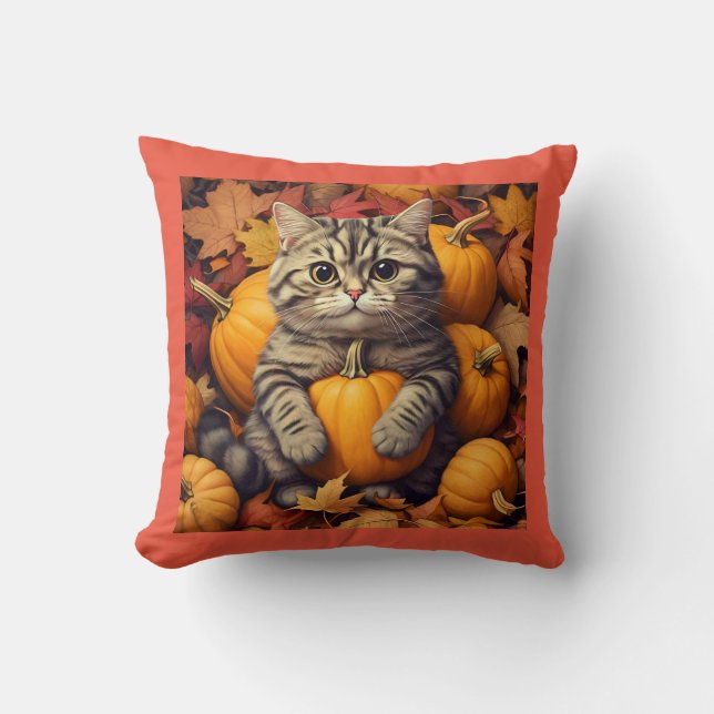 Herbstkatze mit Pumpkins und Blätter Kissen Kissen (Vorderseite)